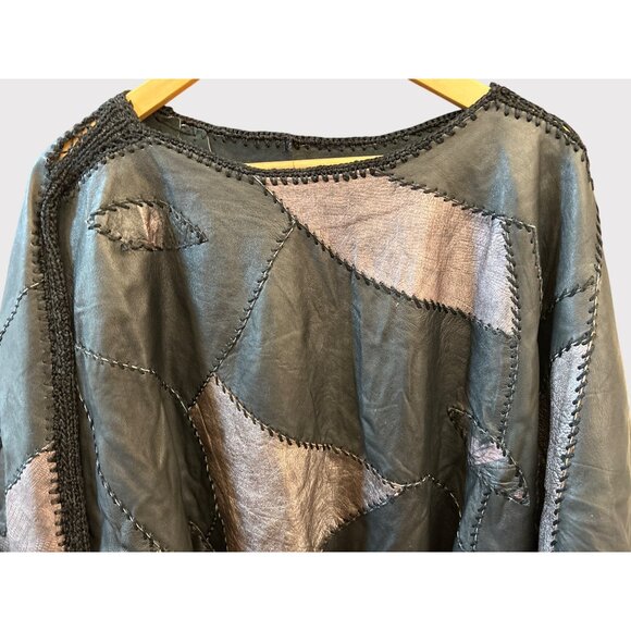 Vintage 80s Patchwork Leather Metallic Batwing Sleeve Sweater Top Retro Rare - Picture 2 of 8